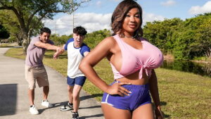 Busty Tiamaria’s Oily Threesome with Two Stalkers!